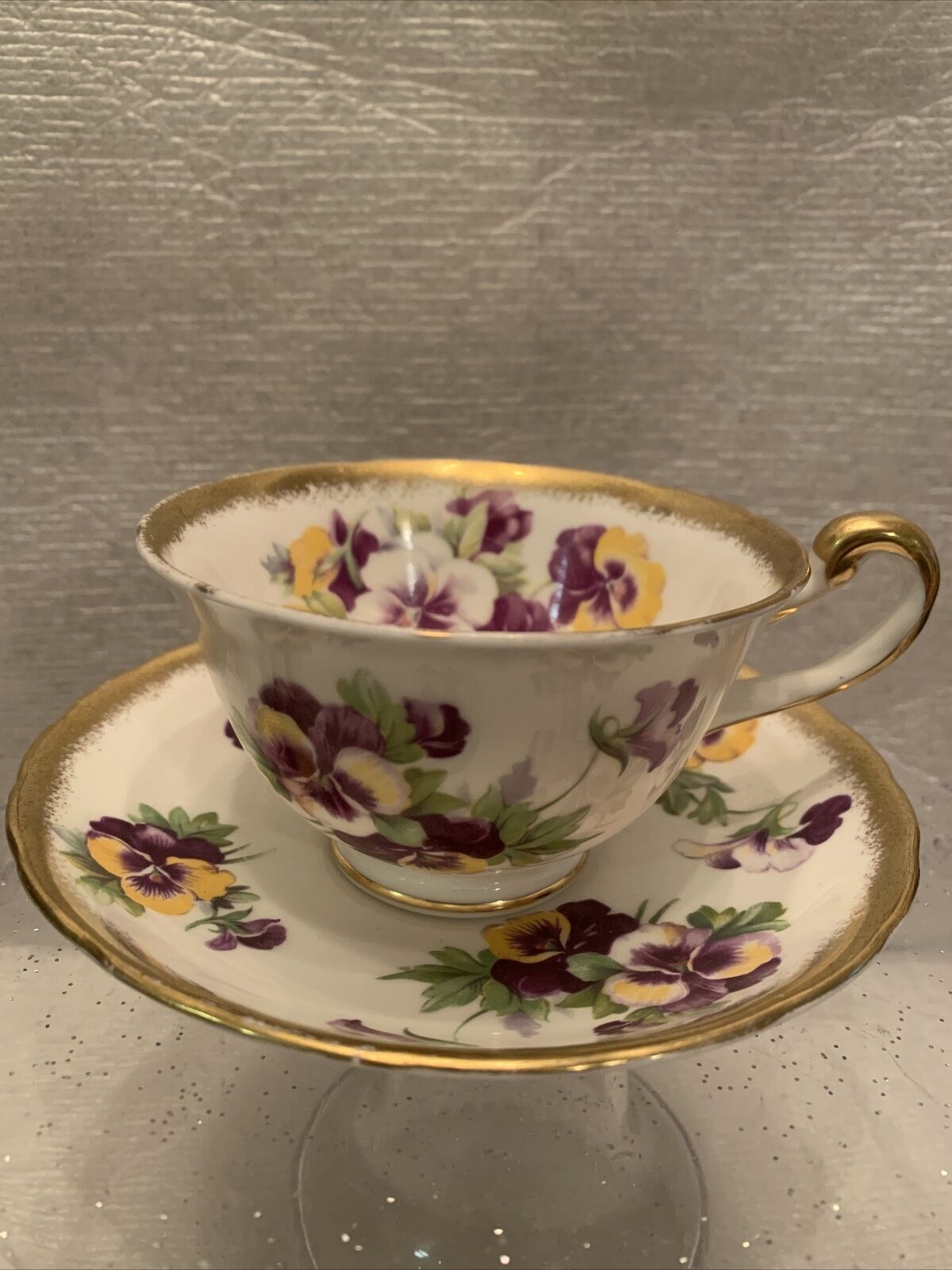 Royal Chelsea  Tea Cup & Saucer Purple Flowers Violets  Gold Trim England