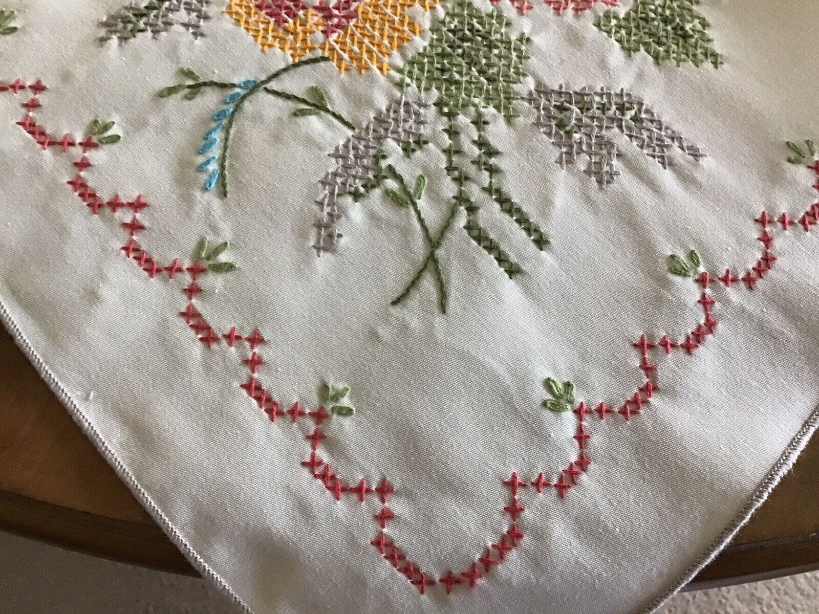 Vintage Hand Embroidered Cross Stitch 50” Square Cotton Tablecloth Beautiful