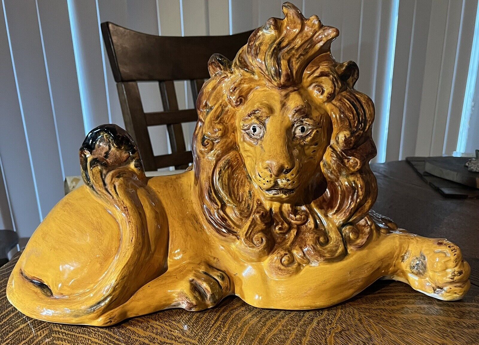 Large & Magnificent 1973 Vintage Glazed Lion Ceramic/Plaster Statue SIGNED
