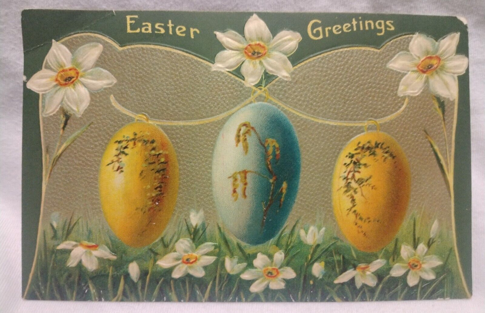 Postcard Easter Greetings Hanging Decorated Eggs Daffodils 1908 Solvay Station