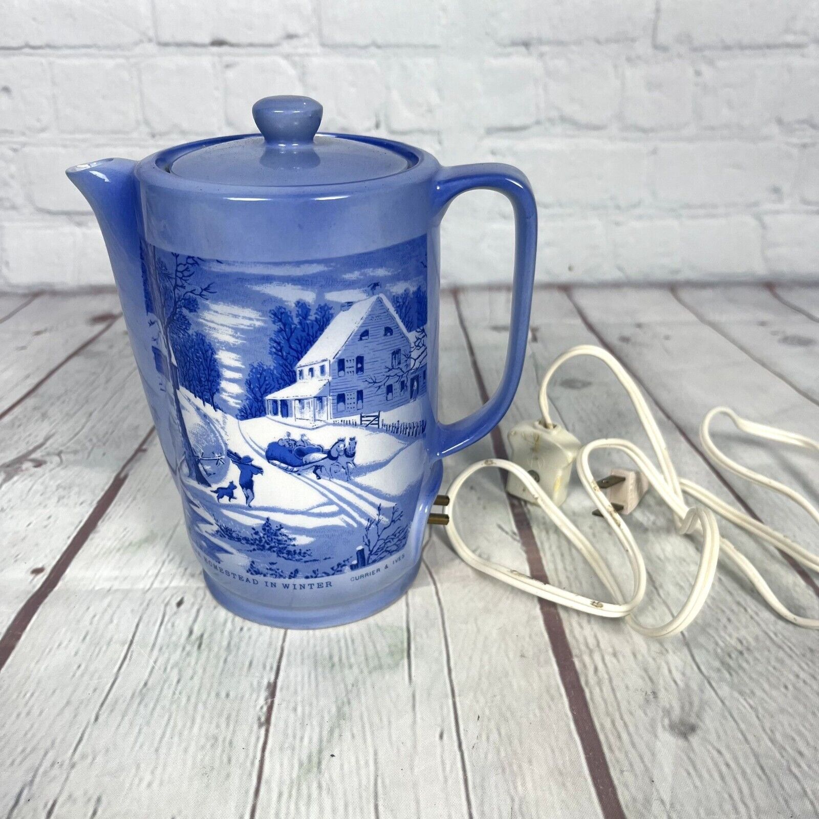 Vintage Currier & Ives Electric Kettle Blue Homestead In Winter Scene Porcelain