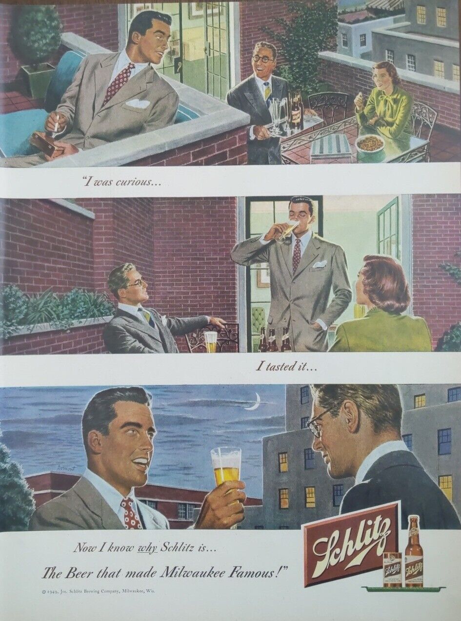 1949 vintage Schlitz beer ad. the beer that made Milwaukee famous.