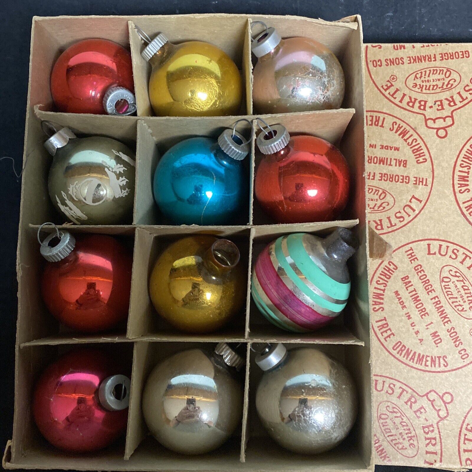 12 Vintage Lustre Brite Mercury Glass Christmas Tree Ornaments in Original Box