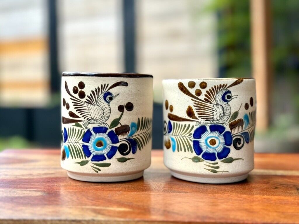 Beautiful Set Of 2 Tonala Mexico Pottery Cup Mug Bird w/Handle - Hand Painted