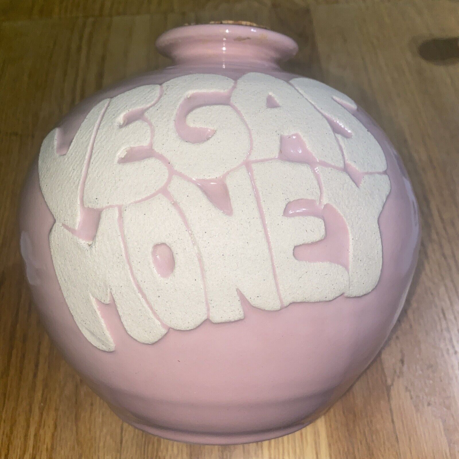 Vintage Retro 1970s “VEGAS FUND” Pink Pottery Coin Bank, Jar, Piggy Bank, RARE
