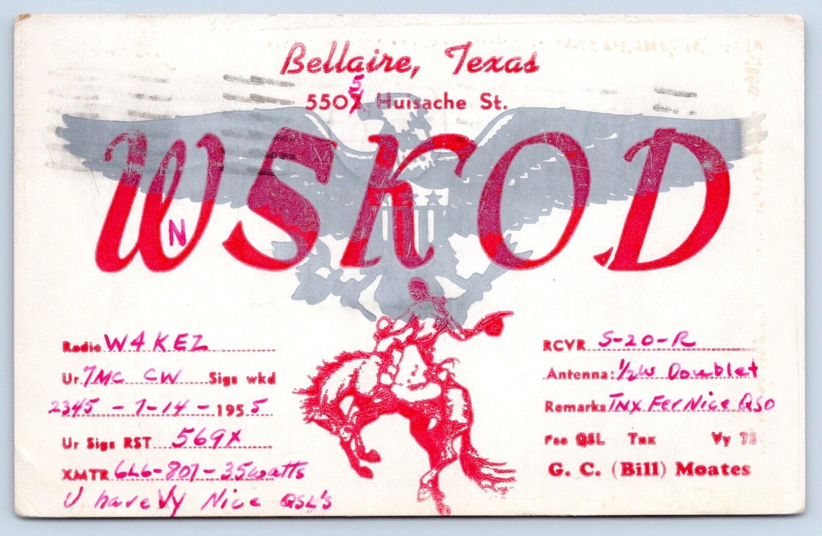 QSL CB Ham Radio W5KOD Bellaire Texas Vintage Harris County TX 1955 Card