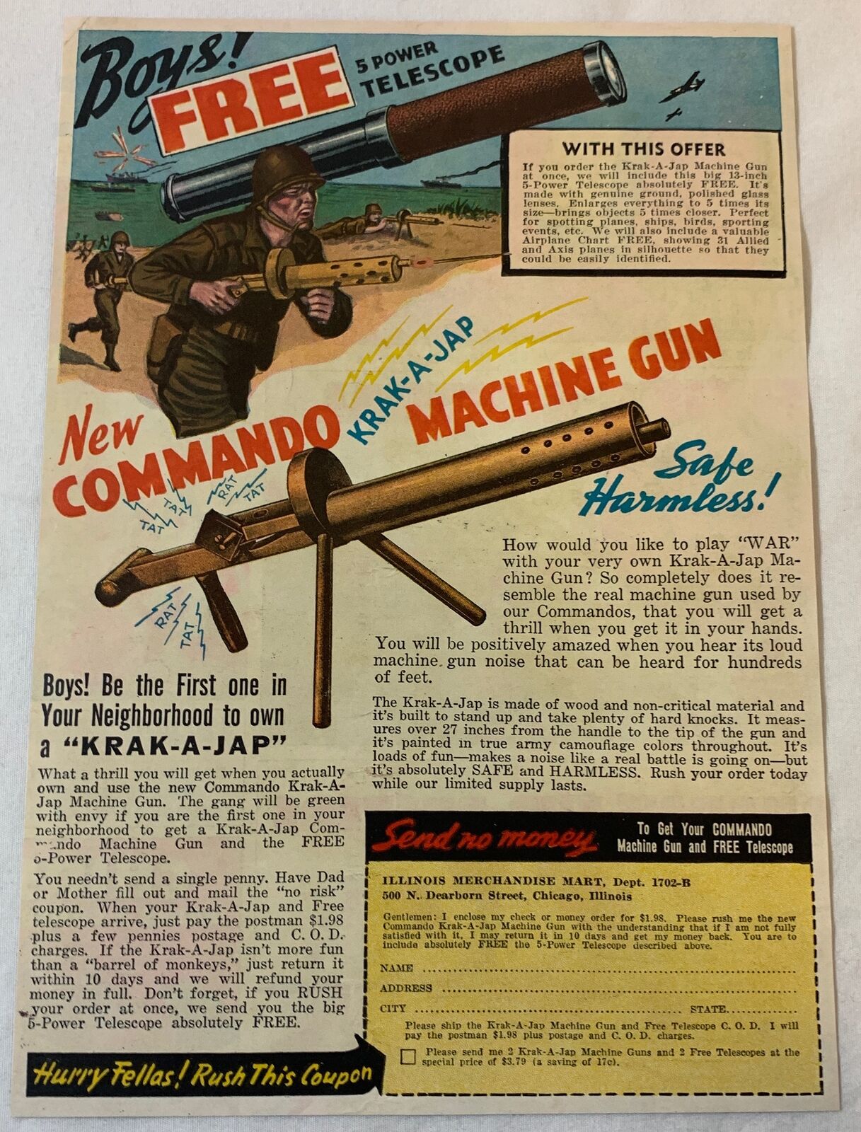 1944 color cartoon ad page ~ COMMANDO KRAK-A-J*P MACHINE GUN