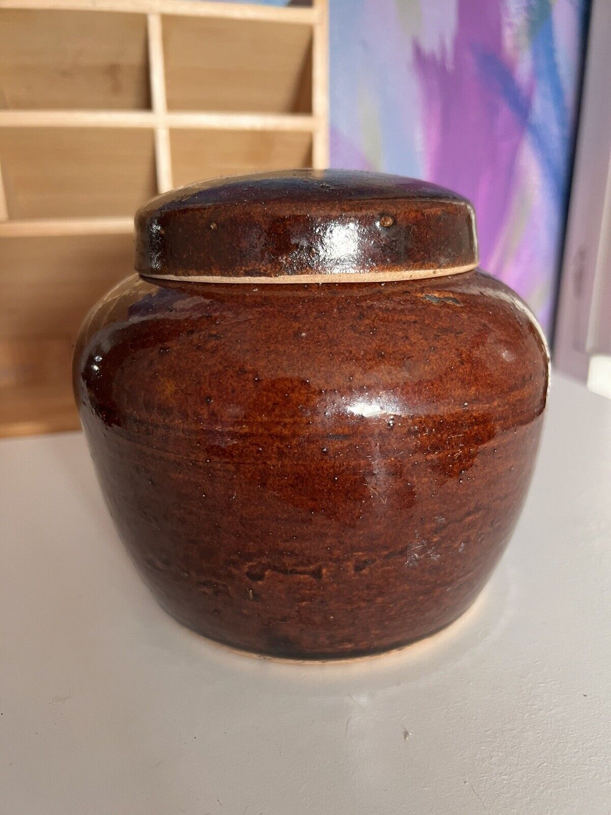Brown Glazed Pottery Ginger Jar With Lid Signed RA