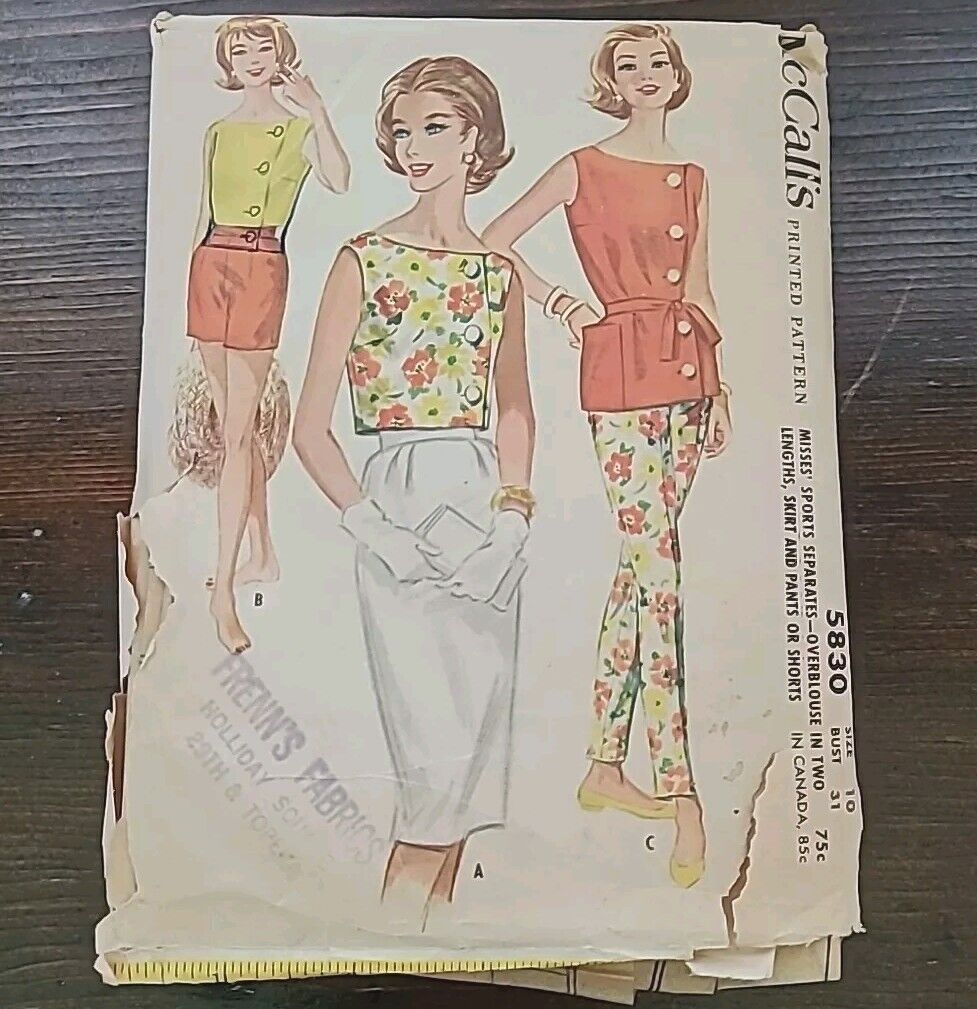 60\'s 1961 McCall\'s 5830 Misses Separates Summer Button Shirt Sewing Pattern B31\