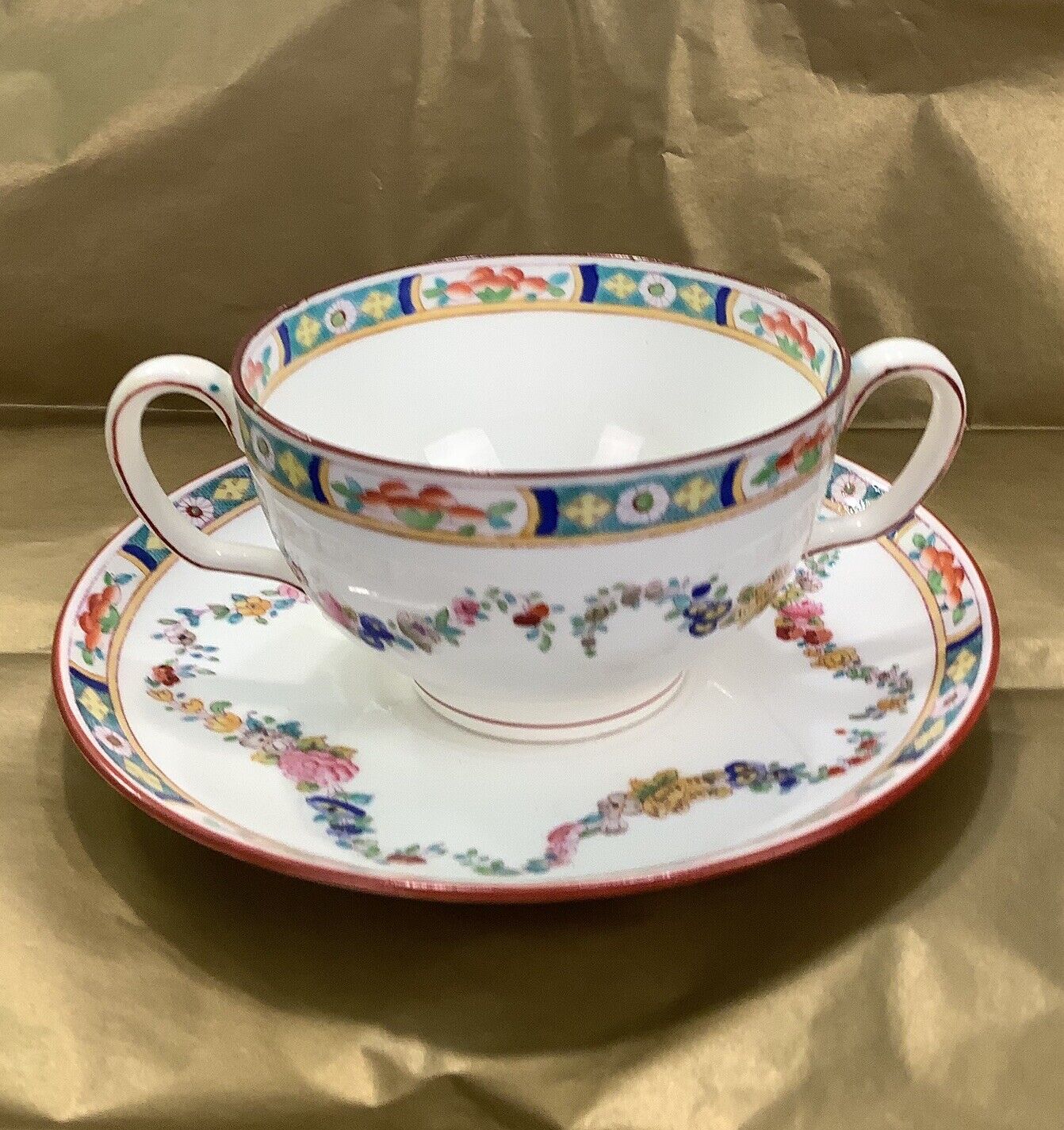 Minton Rose China Hand Painted Tea Cup and Saucer Floral Swag circa 1900 Antique