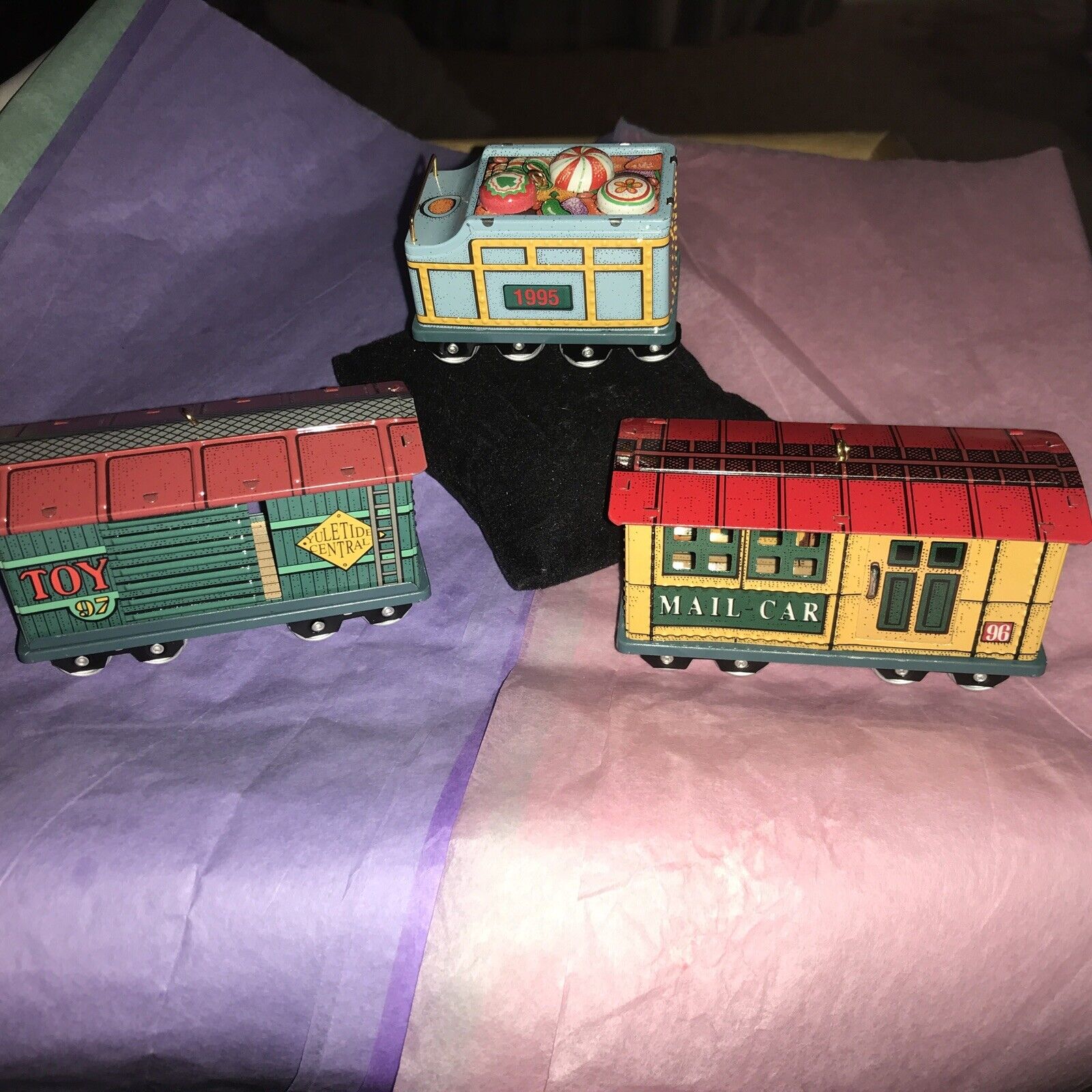 Hallmark Pressed Tin Train Ornaments ~ Yuletide Central Series Lot Of 3