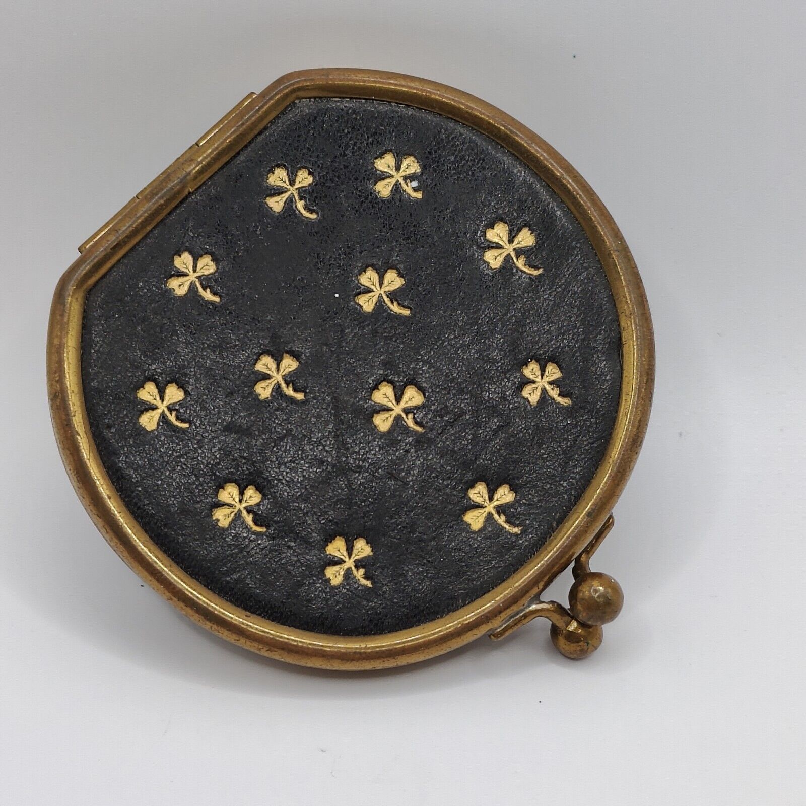 Vintage Black Leather w Gold Clover Pattern Mirror Make Up Powder Puff Compact