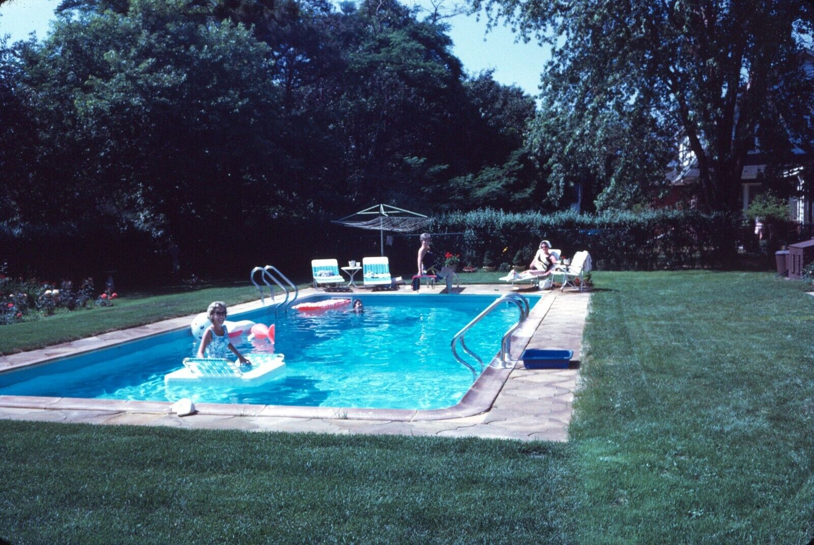1971 Women Swimming Floating Backyard Pool Party Vintage 35mm Slide
