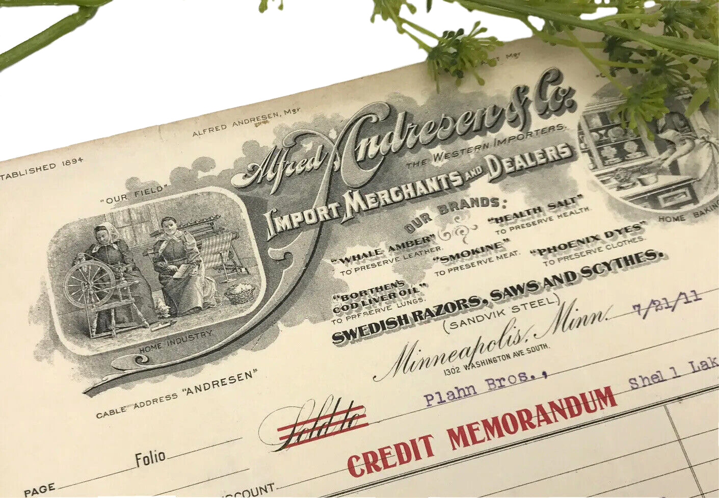Antique Alfred Andresen & Co Letterhead Invoice Bill Receipt Minneapolis MN 1911
