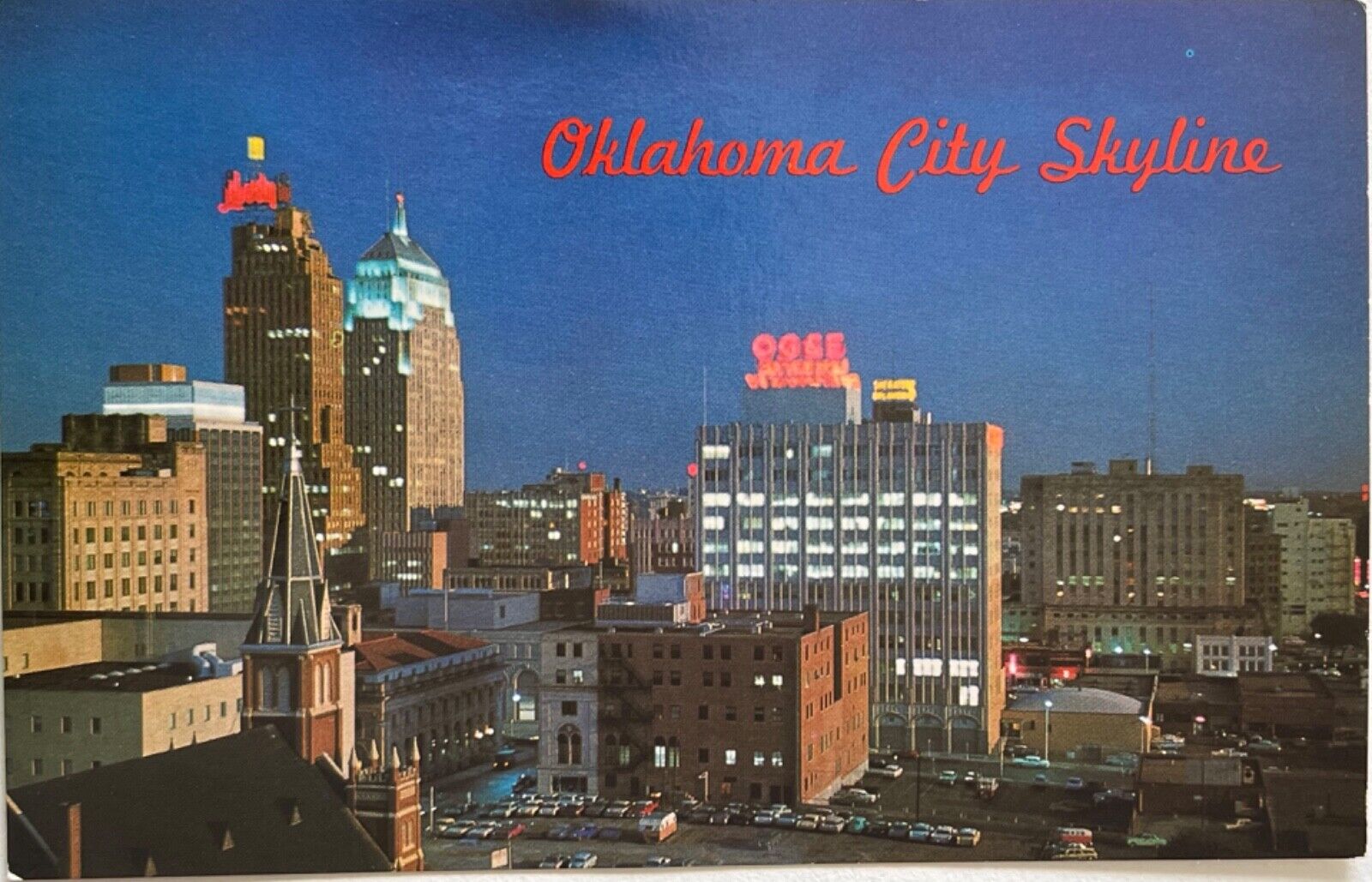 Oklahoma City Skyline at Night Aerial View Postcard c1960