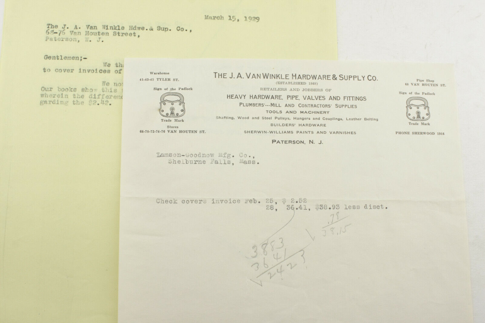 1929 Lamson Goodnow J A Van Winkle Hardware Paterson NJ Letter Ephemera P1544C