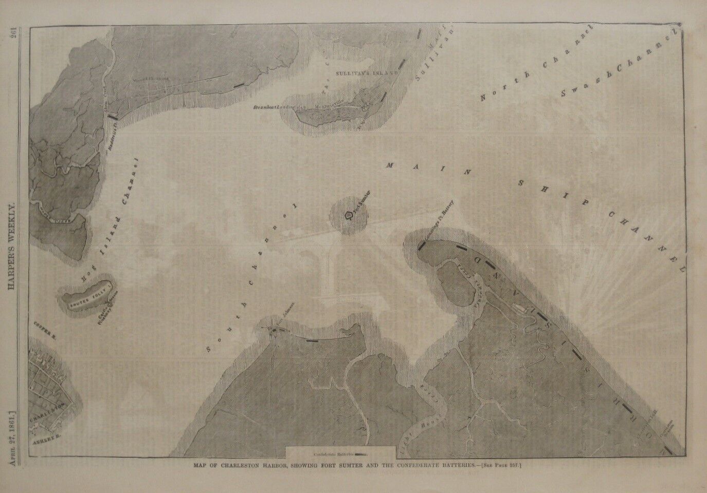 Original 1861 Civil War Map CHARLESTON HARBOR Fort Sumter Confederate Batteries