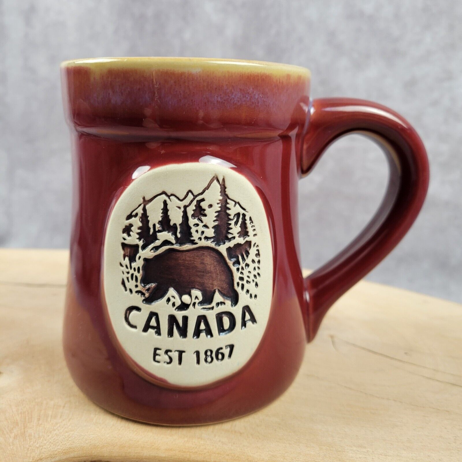 Canada Est 1867 Mug Cup Bear Trees Mountain Embossed Red Brown Glaze Souvenir 5\