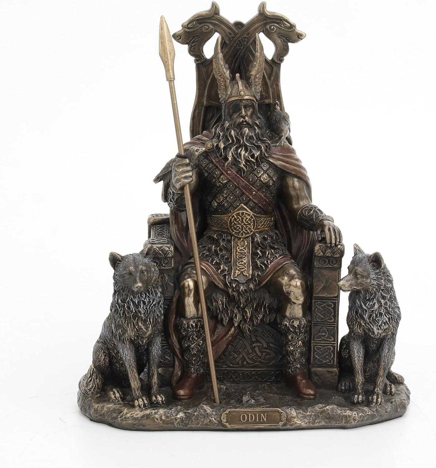 8 5/8 Inch Odin Sitting on Throne with Wolves Resin Sculpture Bronze Finish Viki