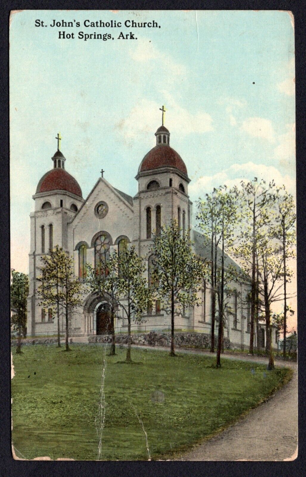 Vintage St. Johns Catholic Church Hot Springs Arkansas Postcard Stamp Divided