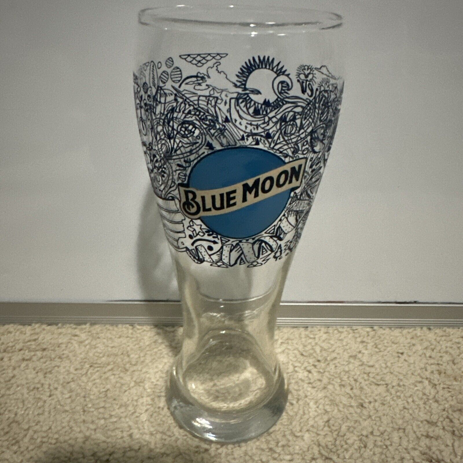 Blue Moon 8” Tall Beer Glass Heavy Bottom Denver Dove Road Trip Rare Special