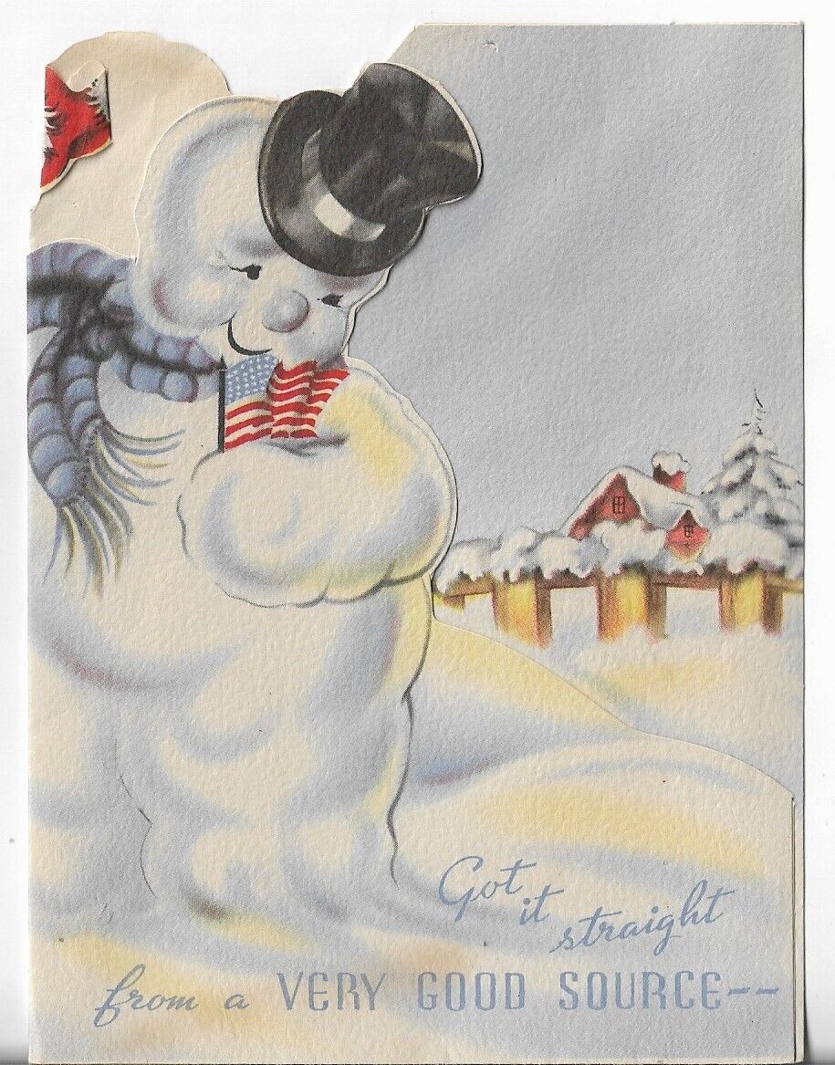 Used Vtg CHRISTMAS CARD 4.25x5.75 Patriotic Snowman w/Blue Scarf & Top Hat USA