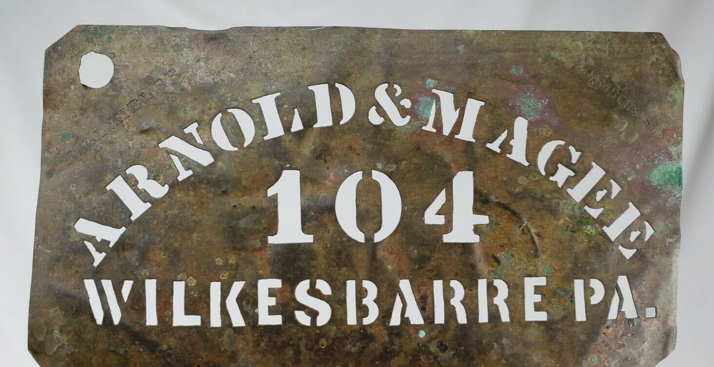 Antique 19thc Brass Stencil Arnold & Magee 104 Wilkesbarre PA Advertising Sign