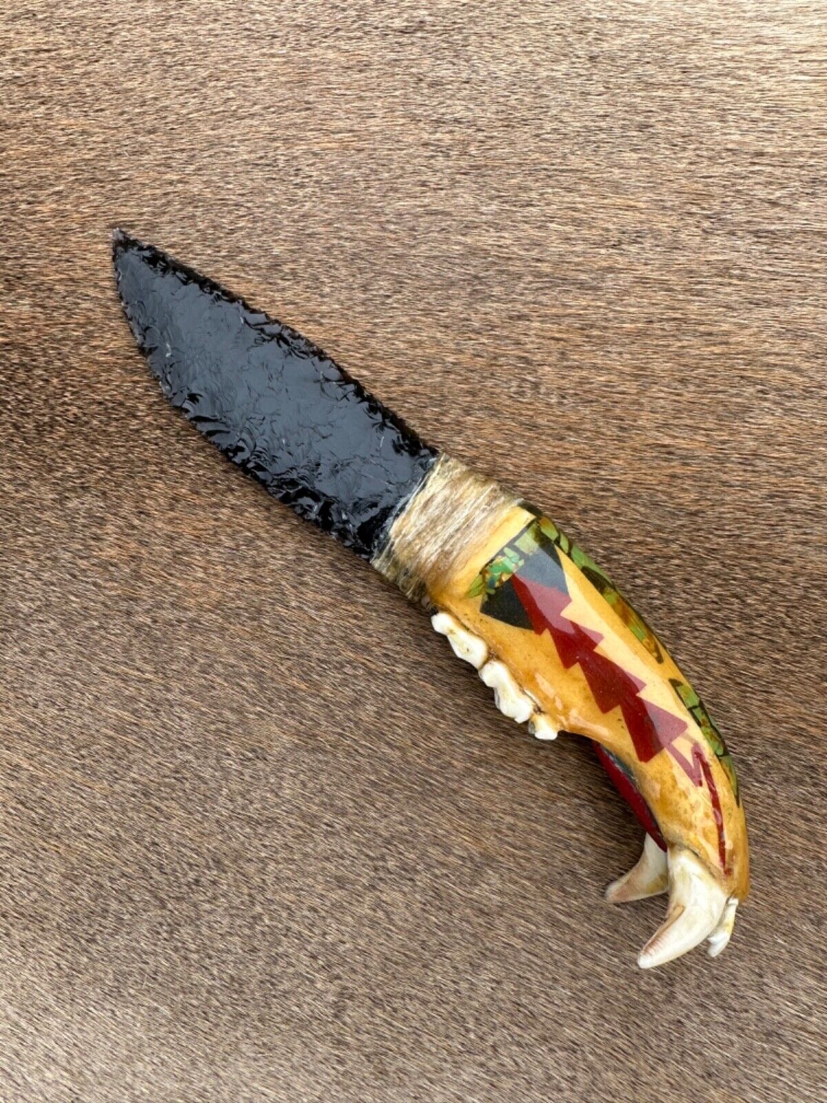 Native American Made Medicine Knife Inlaid Turquoise Jawbone Nez Perce Arrowhead