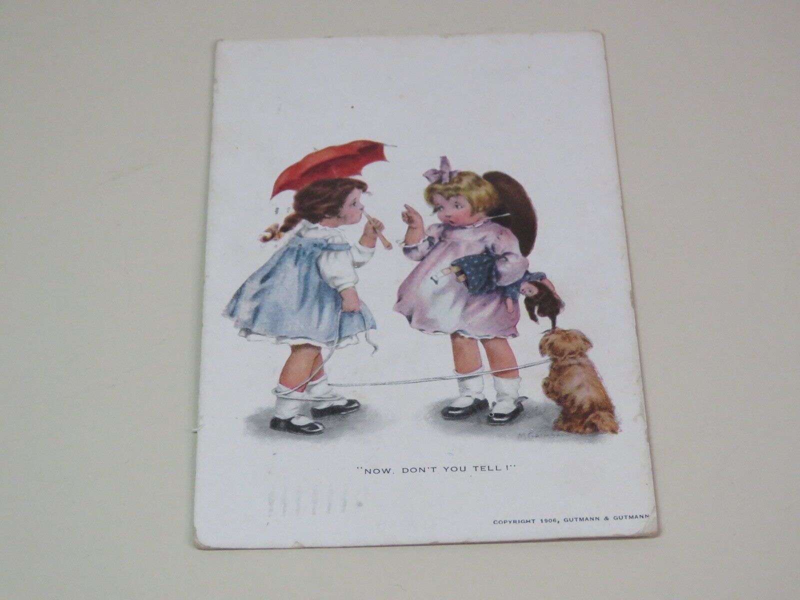 1906  Bessie Pease  Guttman Postcard Now Don\'t You Tell  Children Dog Doll HTF