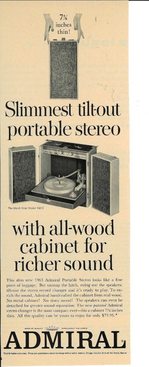 1963 ADMIRAL Portable Stereo Turntable Speaker Record Player  Vintage Print Ad