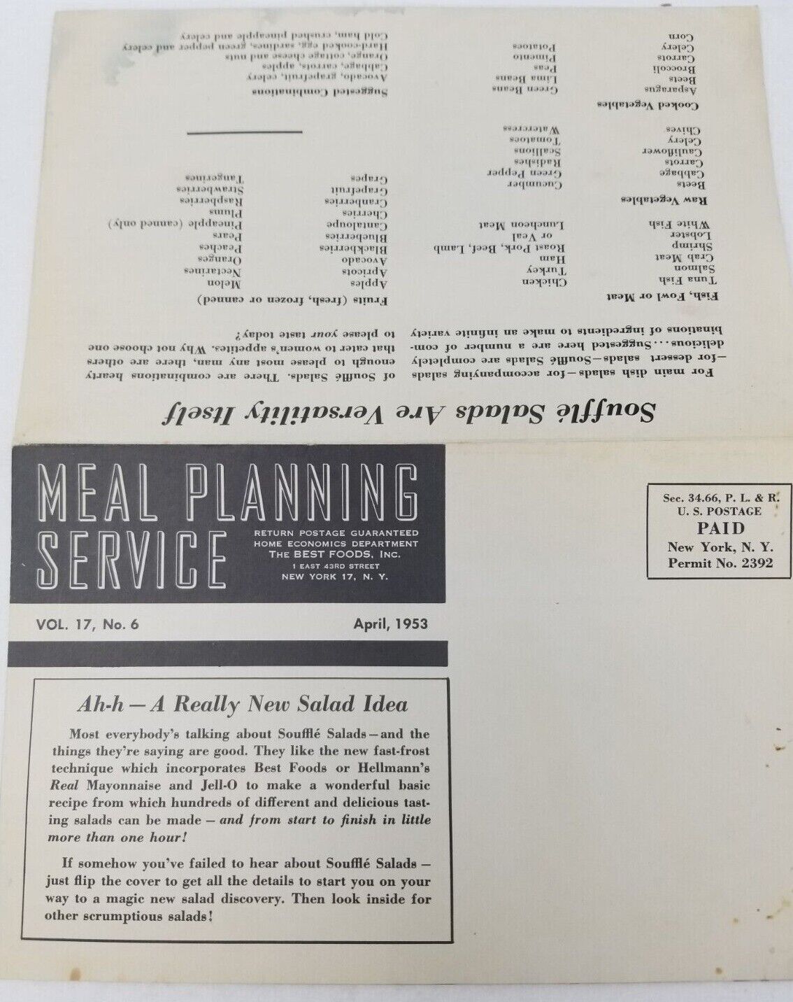 Advertisement The Best Foods Meal Planning Service Soufflé Salads 1953