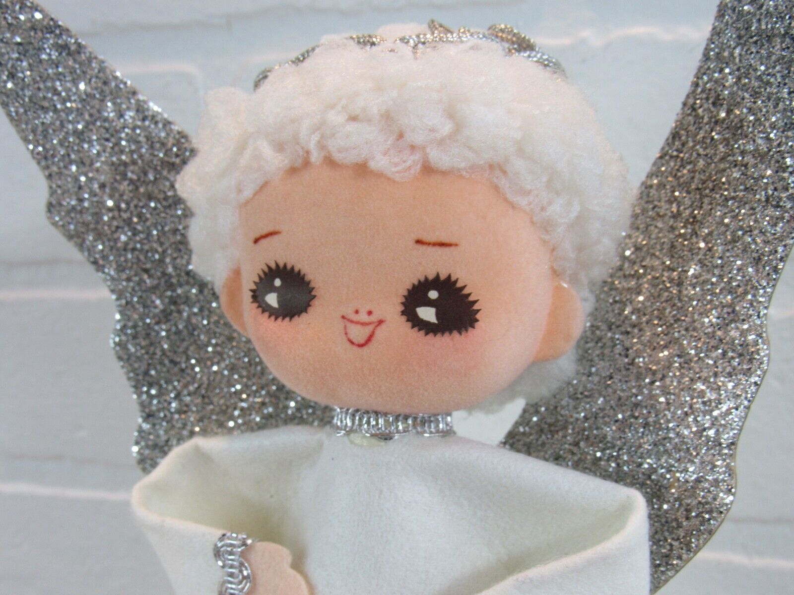 Vintage 60\'s Angel Christmas Tree Topper Japan Glitter Wings Nylon Felt White