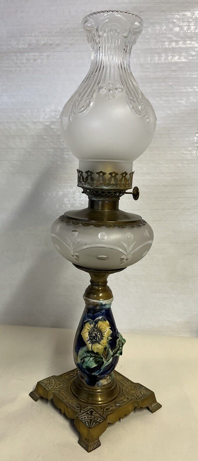 Antique Majolica Oil Lamp Art Deco Brass Base Cut to Clear Glass w/ Hurricane