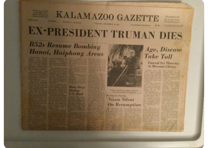 kalamazoo gazette December 26, 1972 Truman Dies