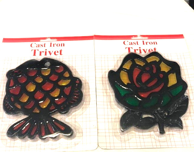 Lot Of 2 Stained Glass Inlay Cast Iron Trivet Rose & Fish 