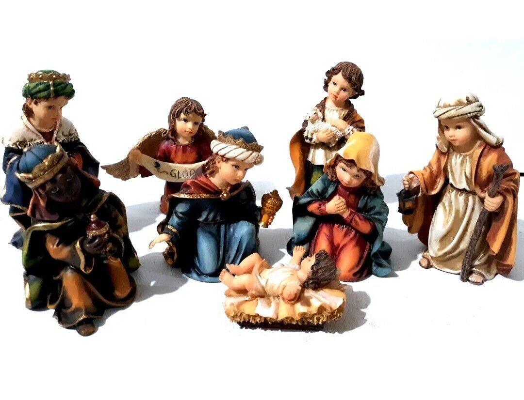 Vintage Hand Painted Nativity Set Portrayed by Children 8 pc in Original Box