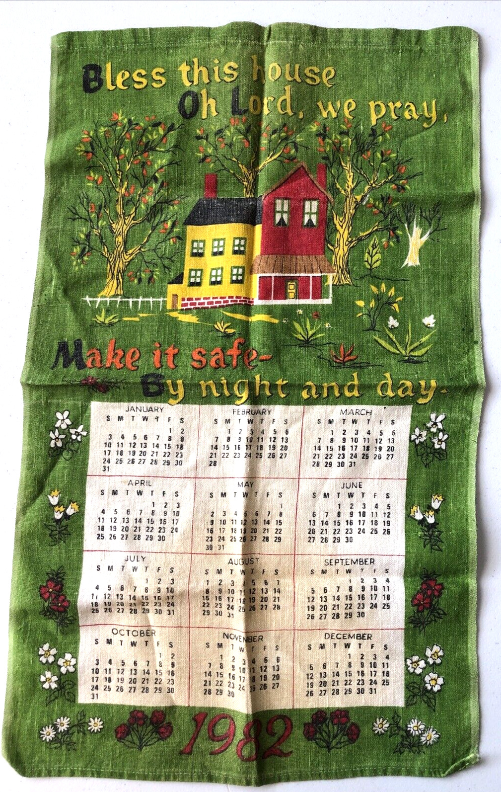 VTG 1982 Cloth Kitchen Calendar Tea Towel-Bless this house, oh, lord, we pray
