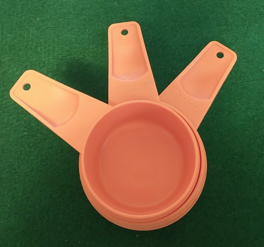 3 Vintage Tupperware Measuring Cup Set Orange 1/3c, 2/3c, 3/4c  #762, 763, 765