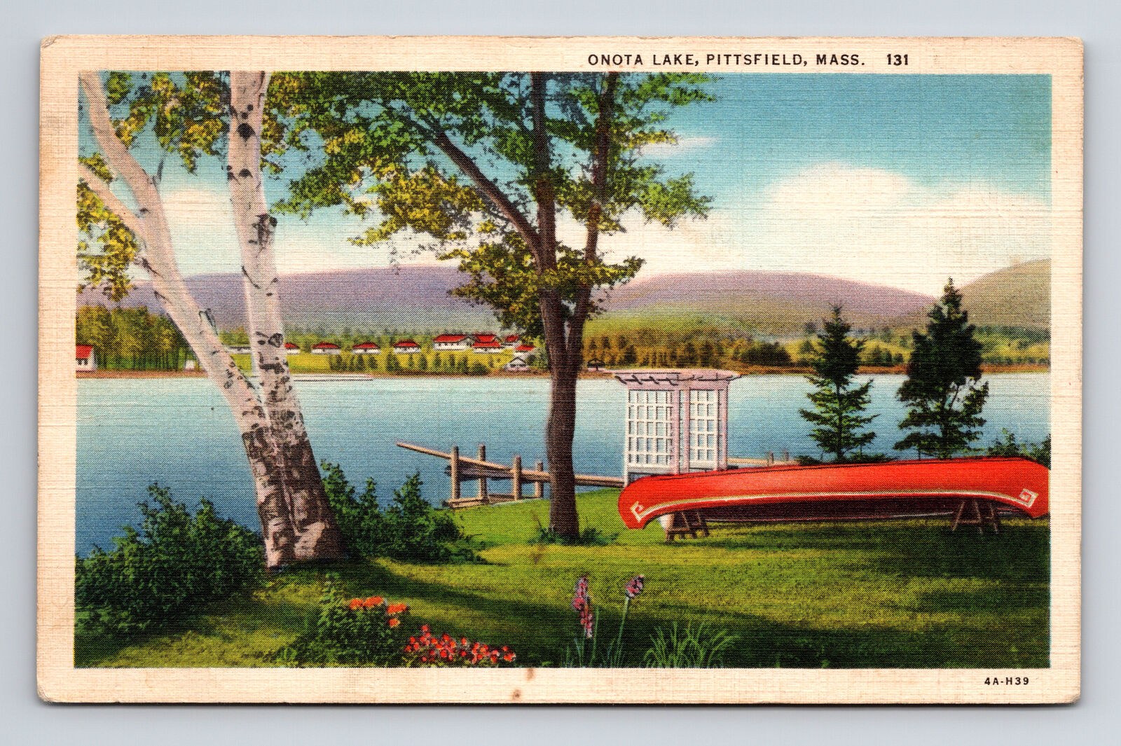 c1934 Linen Postcard Pittsfield MA Massachusetts Onota Lake View White Birch