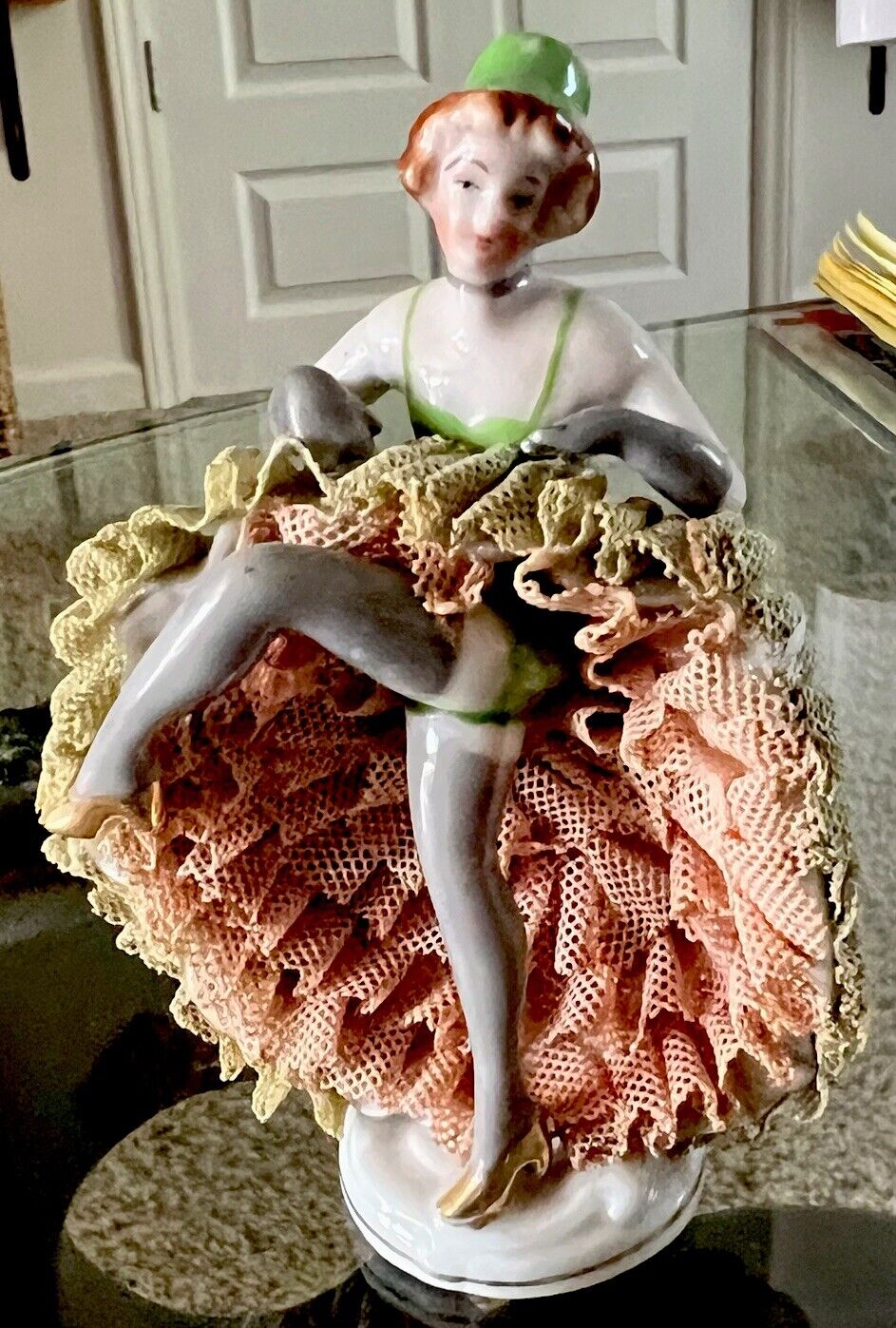 Vintage Dresden Lace Cancan French Lady Porcelain Figurine; Pre-Owned