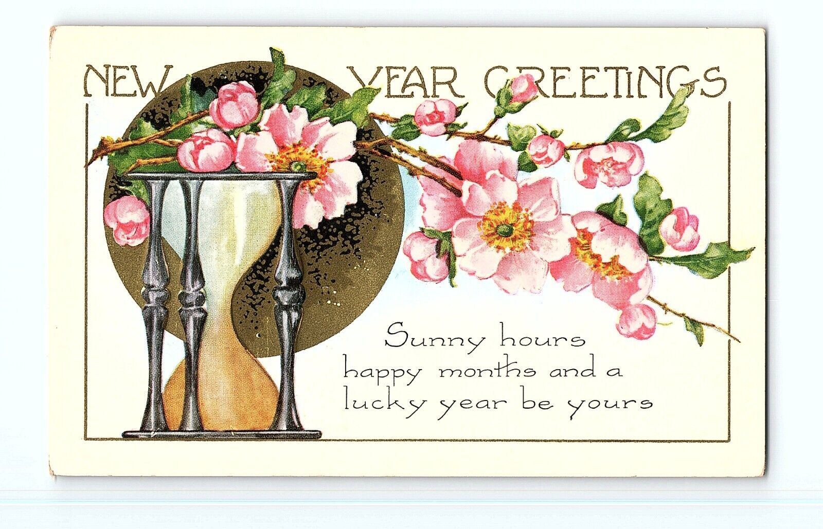 Cherry Blossom Hourglass Bones Frame Happy New Year Greeting Card VTG Postcard