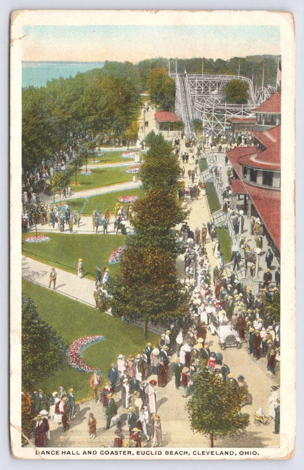 Postcard Dance Hall and Coaster Euclid Beach Cleveland Oh aerial view c1921 (a3)