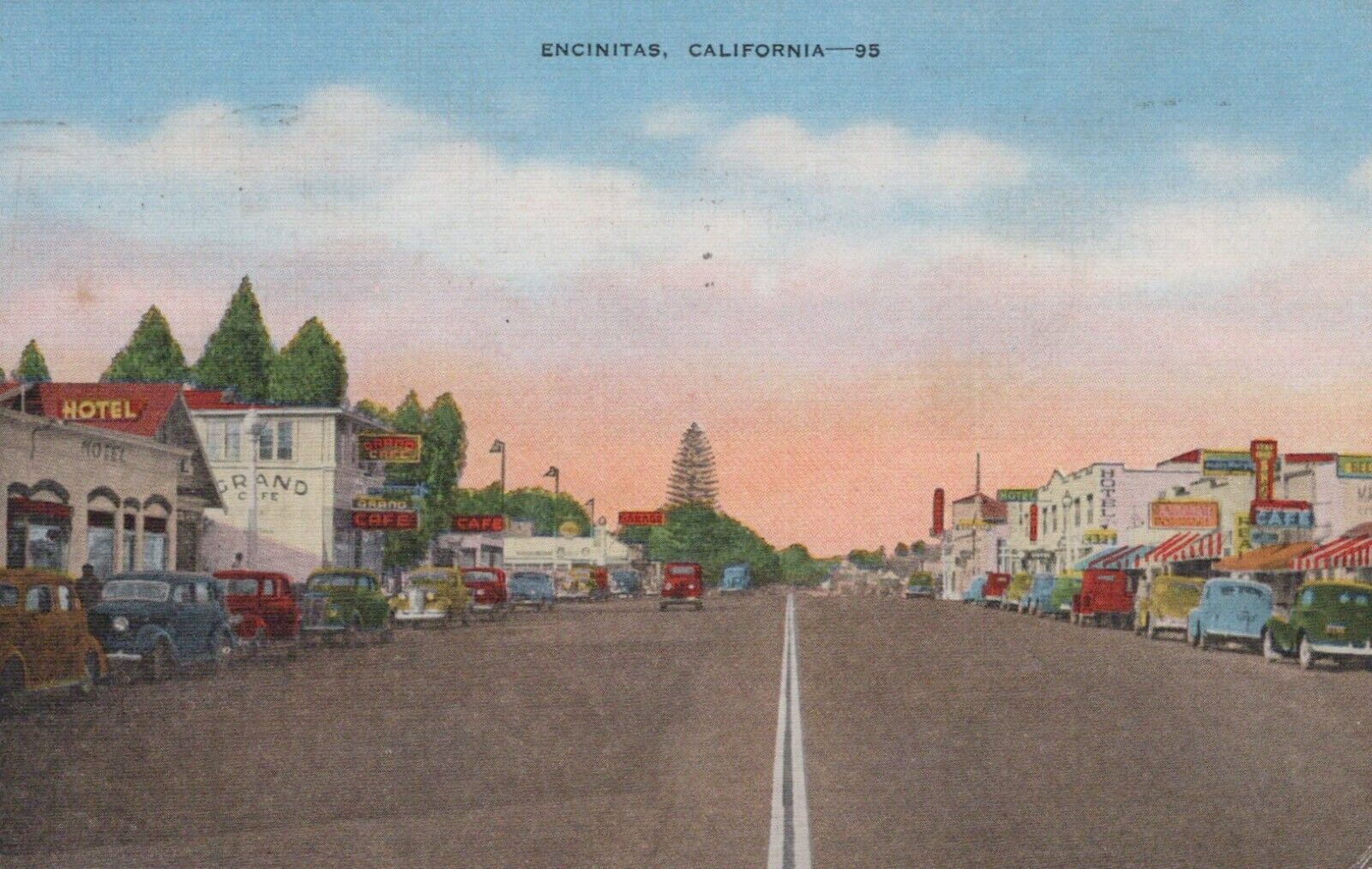 Encinitas CA Street View Grand Cafe Hotel Garage Gas Station linen postcard H339