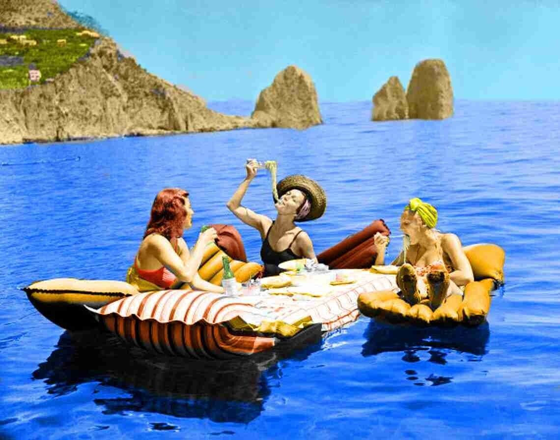 Capri Italy, 3 women eating spaghetti pasta on rafts  8 x 10