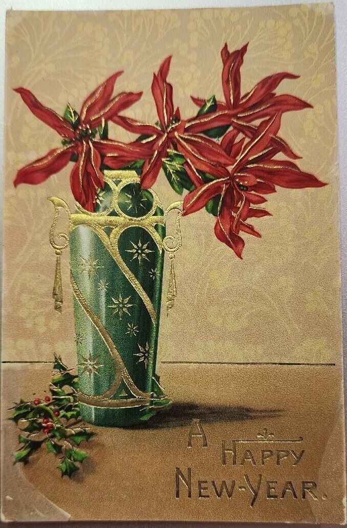 A Happy New Year, Early 1900s Vintage Holiday Greeting Poinsettia Postcard