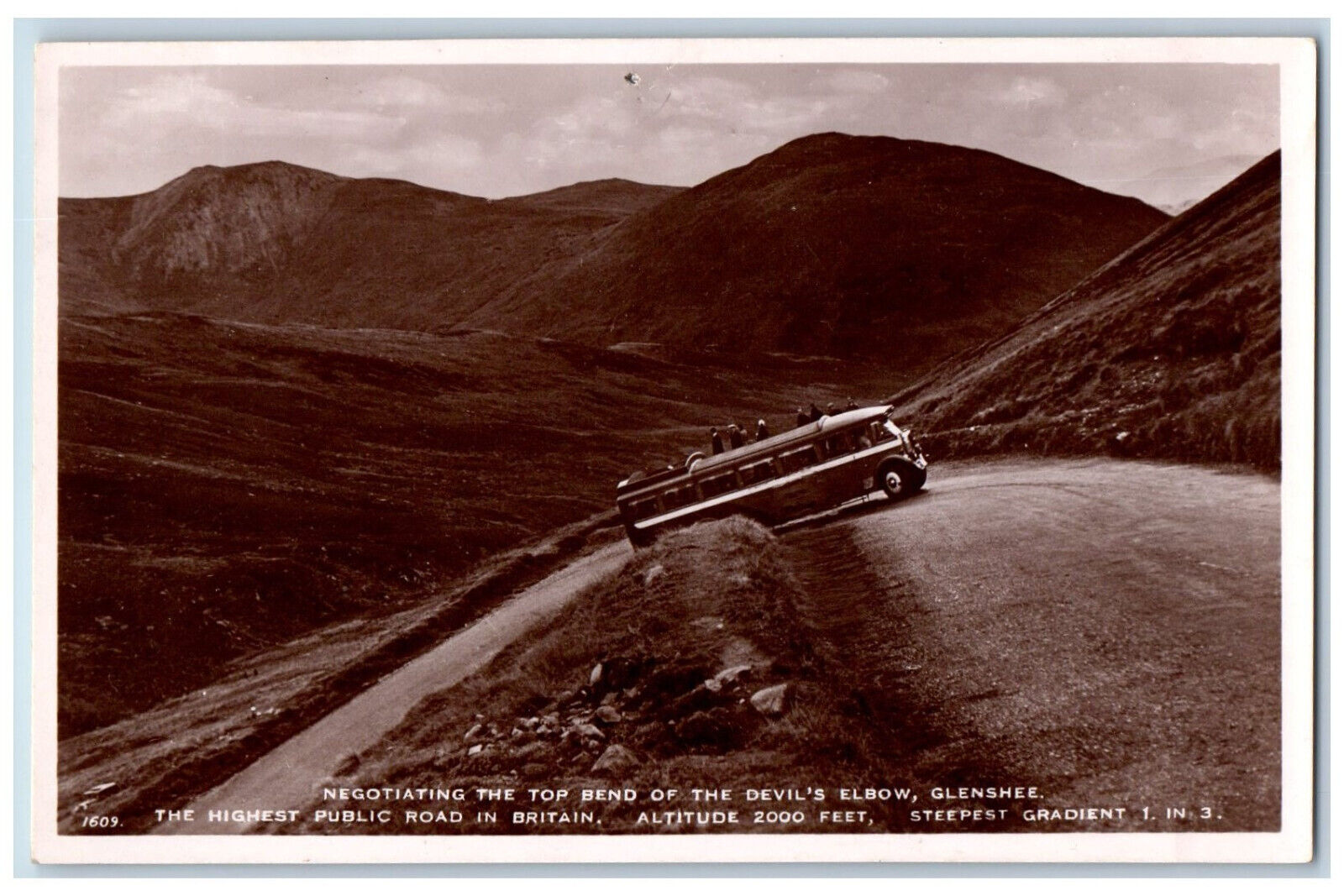 Glenshee Scotland Postcard Bus in Top Bend of Devil's Elbow c1930's RPPC Photo