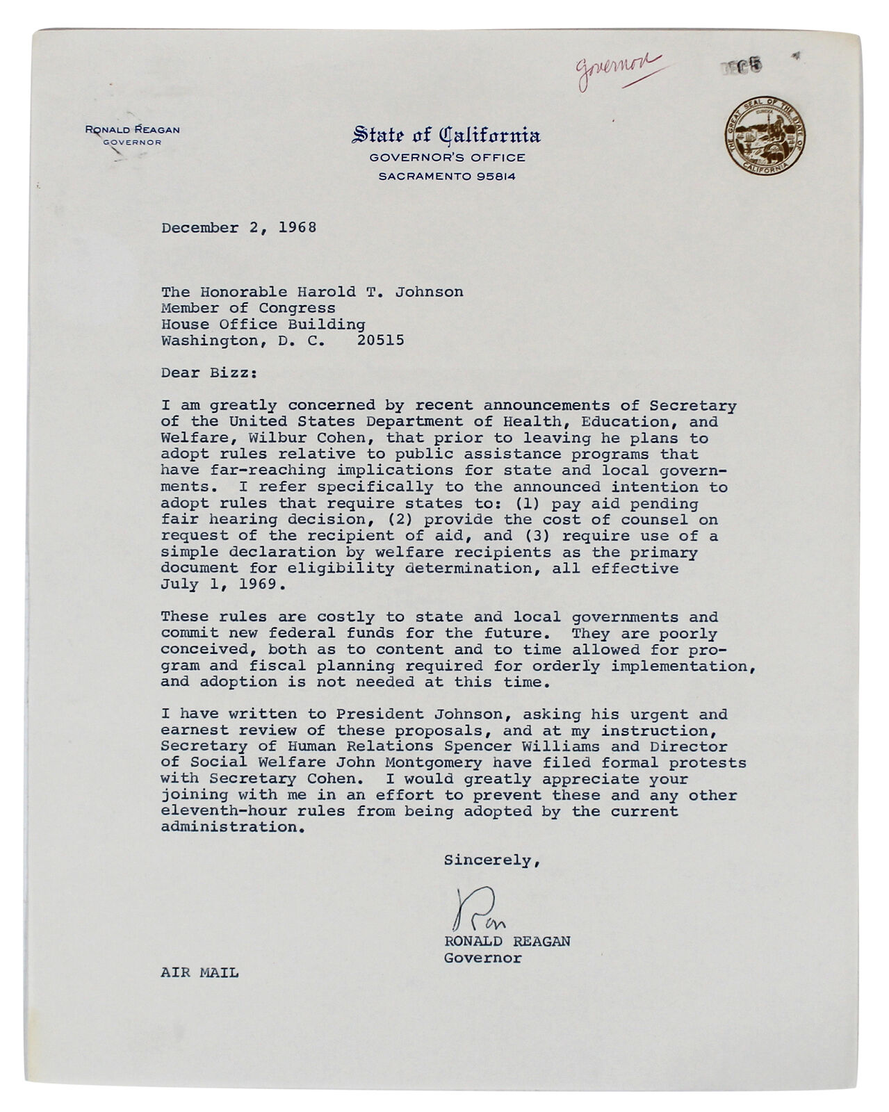 Ronald Reagan Signed 8.5x11 1968 Letter On Governor\'s Office Letterhead JSA