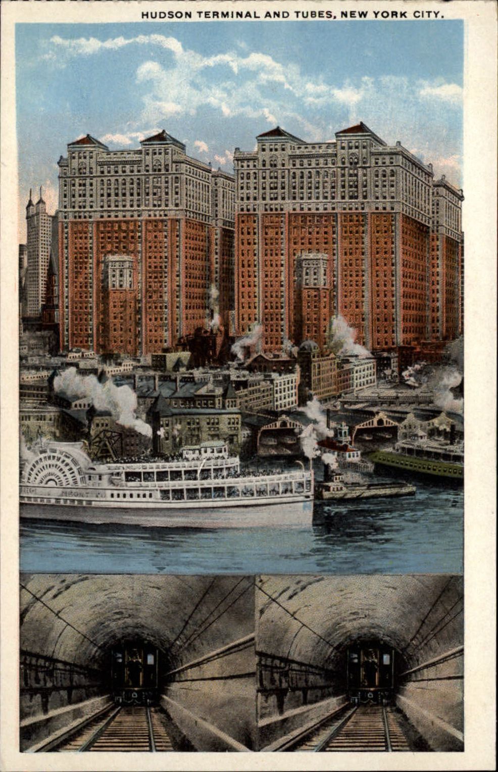 Hudson Terminal & Tubes New York City NY boats ~ c1920s vintage postcard
