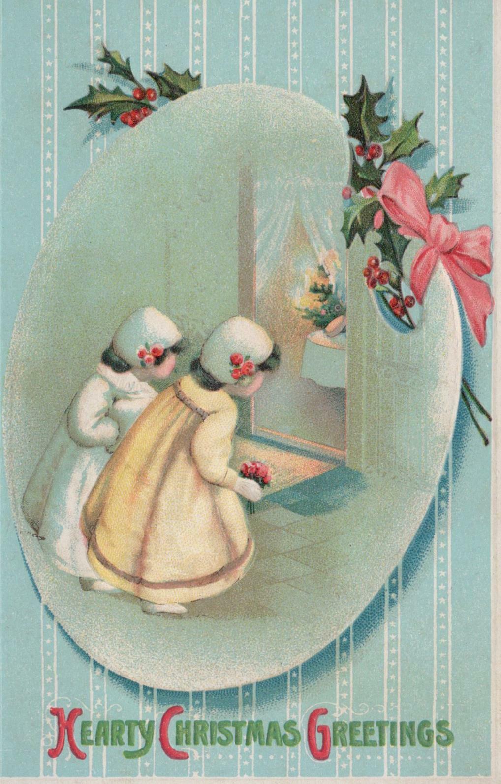 Postcard Little Girls Looking Out Window Hearty Christmas Greetings 