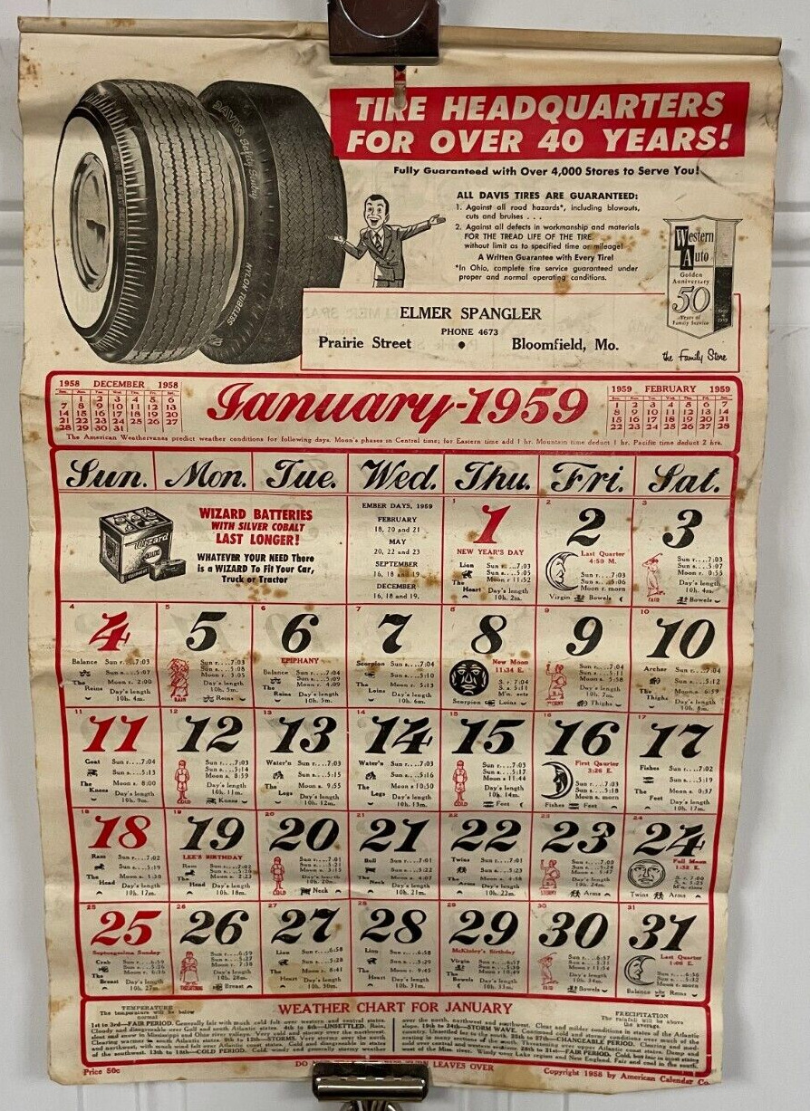 1959 Elmer Spangler Store Calendar Bloomfield MO Western Auto Wizard Mowers